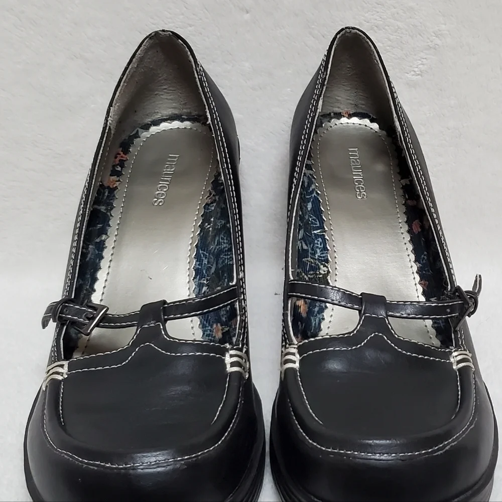 VINTAGE 90s Maurices Black Vegan Leather Platform Chunky Heel Maryjane Shoes 10